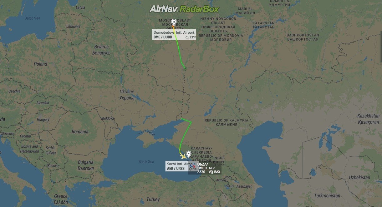 A rota do A320 na plataforma RadarBox.com 