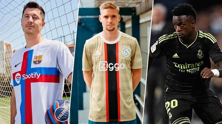 A temporada 2022/23 já começou, mas os clubes ainda seguem anunciando novidades, como as camisas alternativas que costumam encantar os torcedores. O Barcelona e o Ajax lançaram nesta semana suas novas peças. Veja os mantos de outros clubes!