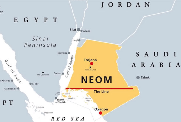A The Line faz parte de um projeto ainda maior, chamado Neom, que é um conjunto de cidades inovadoras e não poluentes que a Arábia está planejando. 