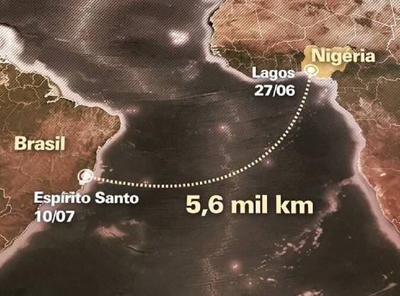 A viagem inteira levou 14 dias. O navio saiu do Porto de Lagos, na Nigéria, no dia 27 de junho.