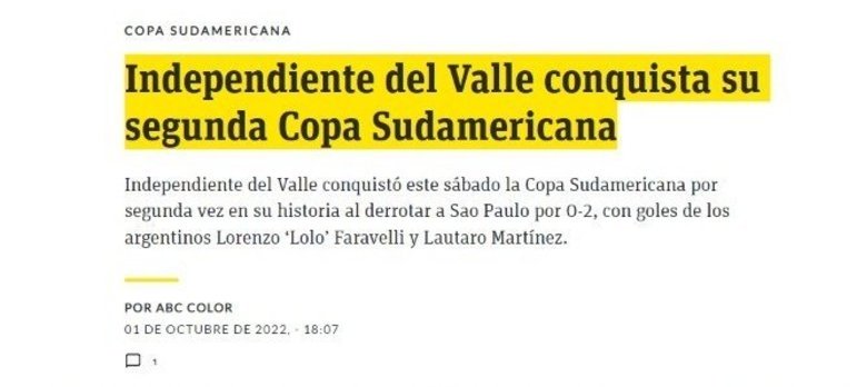 ABC Color (Paraguai) - 'Independiente Del Valle conquista sua segunda Copa Sul-Americana'