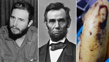 Abraham Lincoln é visto em casca de banana, mas pode ser Fidel Castro  (Montagem/R7, com Reprodução/CCBY/Domínio Público — anos 1950; Reprodução/CCBY/Domínio Público — 8/11/1863; Foto/Vicky Gonzales (via Daily Star))
