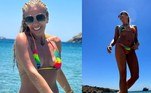 Adriane Galisteu aproveitou sua passagem pelas ilhas gregas e usou um biquíni supercolorido neon em um dia ensolarado