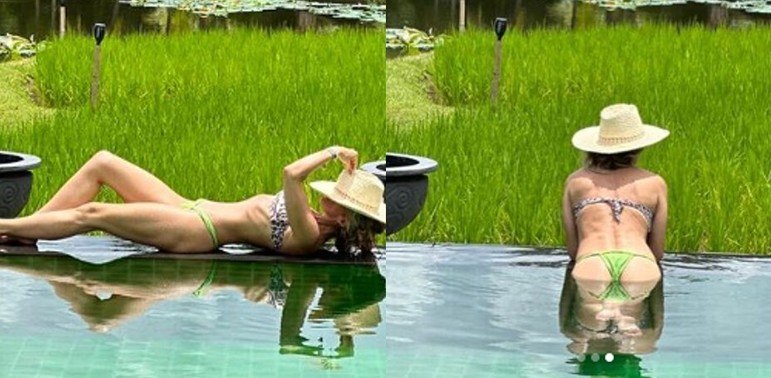 Na semana passada, Adriane publicou fotos em que aparece plena, à beira de uma piscina, no resort Four Seasons Resort Chiang Mai, onde está hospedada. Ela estava com um biquíni composto de top sem alças, com estampa de oncinha, calcinha verde e chapéu de palha. 