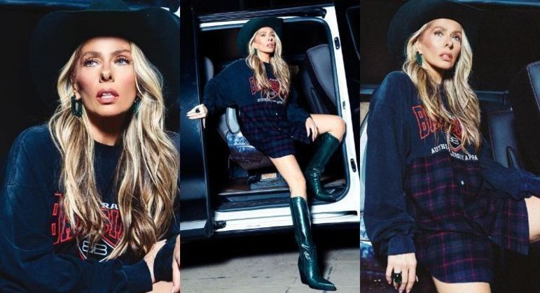 Para a eliminação a loira não poupou no glamour. Ela apostou em peça moderna da Balenciaga, com moletom em cima e camisão na parte de baixo. Uma roupa tão autêntica merece coadjuvantes a altura. Galisteu resgatou chapéu preto e botas esverdeadas no acervo, arrematando o figurino com joias do mesmo tom do calçado