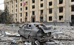 This general view shows the damaged local city hall of Kharkiv on March 1, 2022, destroyed as a result of Russian troop shelling. The central square of Ukraine's second city, Kharkiv, was shelled by advancing Russian forces who hit the building of the local administration, regional governor Oleg Sinegubov said. Kharkiv, a largely Russian-speaking city near the Russian border, has a population of around 1.4 million.
Sergey BOBOK / AFP