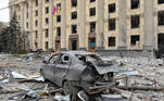 This general view shows the damaged local city hall of Kharkiv on March 1, 2022, destroyed as a result of Russian troop shelling. The central square of Ukraine's second city, Kharkiv, was shelled by advancing Russian forces who hit the building of the local administration, regional governor Oleg Sinegubov said. Kharkiv, a largely Russian-speaking city near the Russian border, has a population of around 1.4 million.
Sergey BOBOK / AFP