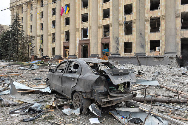 This general view shows the damaged local city hall of Kharkiv on March 1, 2022, destroyed as a result of Russian troop shelling. The central square of Ukraine's second city, Kharkiv, was shelled by advancing Russian forces who hit the building of the local administration, regional governor Oleg Sinegubov said. Kharkiv, a largely Russian-speaking city near the Russian border, has a population of around 1.4 million.
Sergey BOBOK / AFP