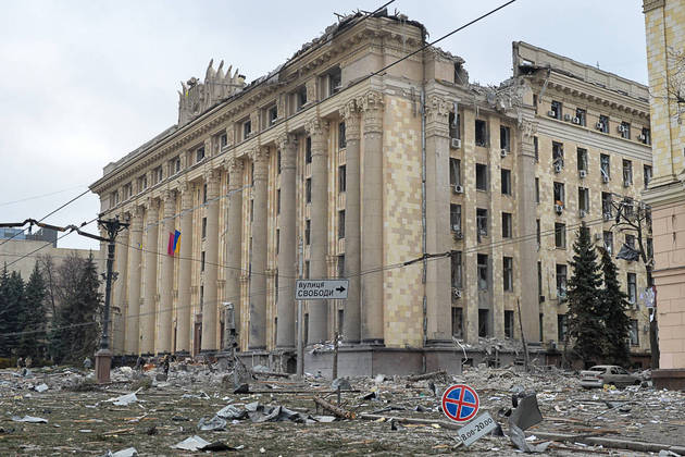 This general view shows the damaged local city hall of Kharkiv on March 1, 2022, destroyed as a result of Russian troop shelling. The central square of Ukraine's second city, Kharkiv, was shelled by advancing Russian forces who hit the building of the local administration, regional governor Oleg Sinegubov said. Kharkiv, a largely Russian-speaking city near the Russian border, has a population of around 1.4 million.
Sergey BOBOK / AFP


