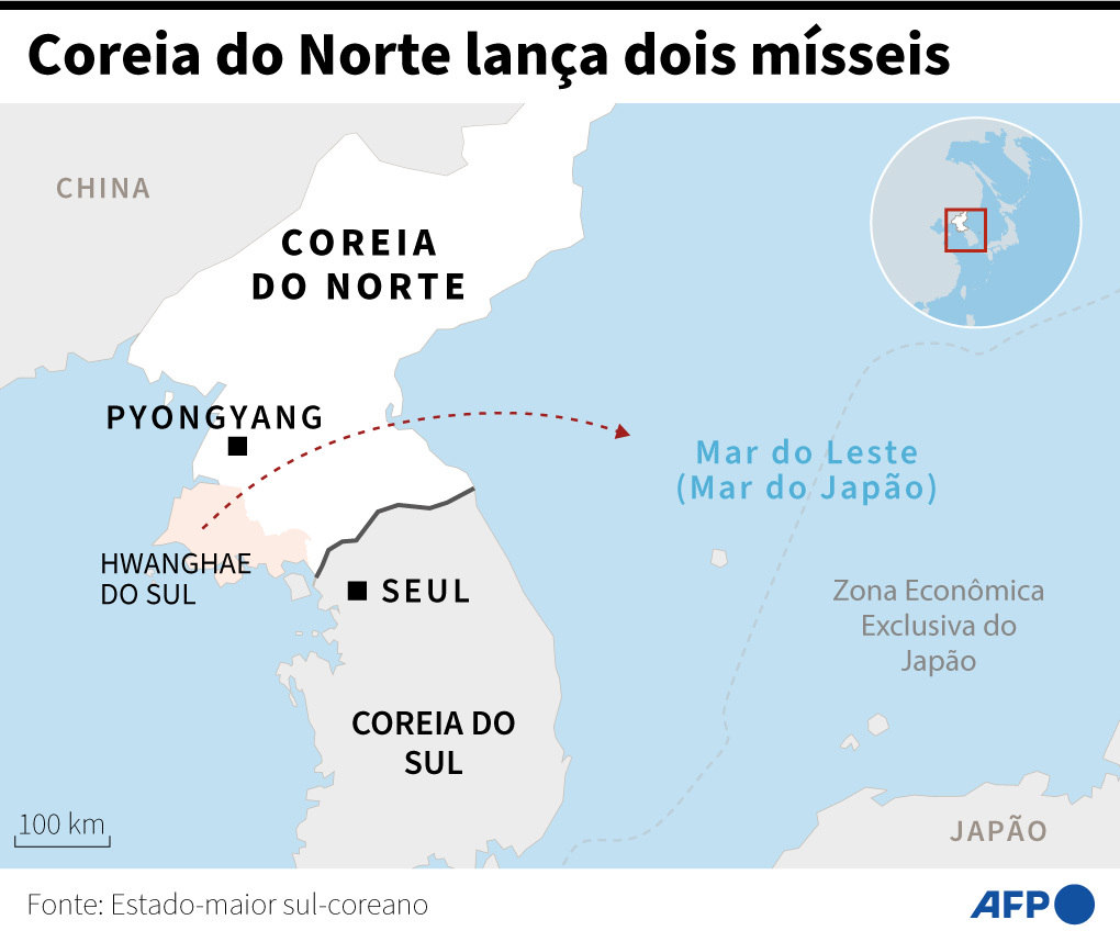Local exato em que caíram os mísseis da Coreia do Norte ontem