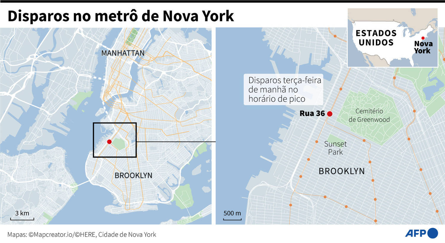 Mapas mostram onde foi o tiroteio no metrô de Nova York