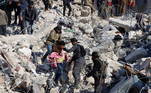 A man carries the body a child pulled out from the rubble in the town of Harim, in Syria's rebel-held noryhwestern Idlib province on the border with Turkey, on February 8, 2023, two days after a deadly earthquake that hit Turkey and Syria. The death toll from the massive earthquake that struck Turkey and Syria on February 6 rose above 8,300, official data showed, with rescue workers on February 8 still searching for trapped survivors.
Mohammed AL-RIFAI / AFP