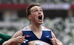 Norway's Karsten Warholm reacts after winning and breaking the world record in the men's 400m hurdles final during the Tokyo 2020 Olympic Games at the Olympic Stadium in Tokyo on August 3, 2021.
Jewel SAMAD / AFP