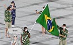 OLY-2020-2021-TOKYO-OPENING
Brazil's flag bearer Ketleyn Quadros and Brazil's flag bearer Bruno Mossa Rezende and their delegation parade during the opening ceremony of the Tokyo 2020 Olympic Games, at the Olympic Stadium, in Tokyo, on July 23, 2021.
Martin BUREAU / AFP