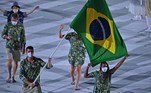 OLY-2020-2021-TOKYO-OPENING
Brazil's flag bearer Bruno Mossa Rezende and Brazil's flag bearer Ketleyn Quadros delegation parade during the opening ceremony of the Tokyo 2020 Olympic Games, at the Olympic Stadium, in Tokyo, on July 23, 2021.
Ben STANSALL / AFP