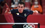 Brazil's Hugo Calderano competes against South Korea's Jang Woo-jin during his men's singles round of 16 table tennis match at the Tokyo Metropolitan Gymnasium during the Tokyo 2020 Olympic Games in Tokyo on July 27, 2021.
Anne-Christine POUJOULAT / AFP