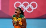 Brazil's Fernanda Rodrigues reacts after a point in the women's quarter-final volleyball match between Brazil and Russia during the Tokyo 2020 Olympic Games at Ariake Arena in Tokyo on August 4, 2021.
PEDRO PARDO / AFP