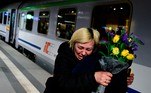 A woman is comforted by a friend after arriving on a train from Ukraine’s border at Berlin’s main train station on March 2, 2022.
Tobias SCHWARZ / AFP