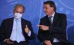O ministro da Economia, Paulo Guedes e o presidente da República, Jair Bolsonaro, durante o lançamento dos programas CODEX e SUPER.BR e do 8º Revogaço no Palácio do Planalto.
Publicado em 26/11/2020 09:26
 Foto: Fábio Rodrigues Pozzebom/Agência Brasil
 Local: Brasília-DF