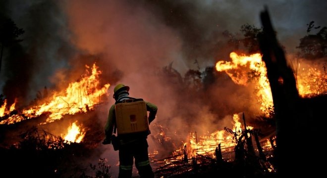 Agente do Ibama combatendo fogo na Amazônia