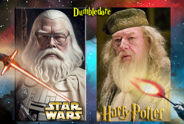 Agora compare o Dumbledore de Guerra nas Estrelas com o acadêmico poderoso que coordena a escola dos bruxos. 