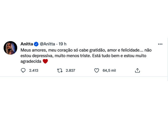 Ainda assim, muitos fãs acreditaram que Anitta estava doente, o que a fez voltar à internet e reforçar: 