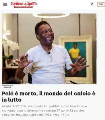 Ainda na Itália, o 'Corriere dello Sport' usou uma imagem emblemática para retratar Pelé, com uma luminária dando a impressão de ser uma auréola de anjo sobre a cabeça do Rei. 