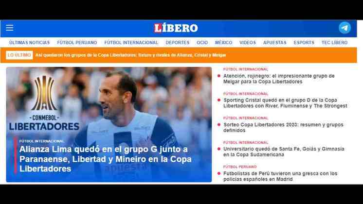 Ainda no Peru, a manchete principal do 'Líbero' trazia Hernán Barcos, ex-Palmeiras, como destaque junto com o grupo do Alianza Lima. No entanto, um olhar mais atento vai perceber uma manchete curiosa com relação ao grupo do Melgar logo ao lado. 