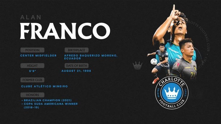 Alan Franco, meio-campista de 23 anos, pertence ao Atlético Mineiro até o fim de 2024. O atleta está emprestado ao Charlotte FC dos Estados Unidos até o final dessa temporada.