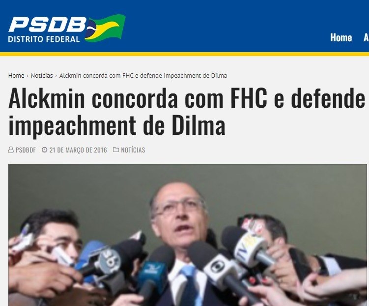 Nota divulgada pelo PSDB que afirma que Alckmin concorda com impeachment da presidente Dilma Roussef
