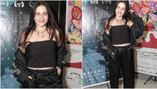 Alessandra Negrini usa look preto, com cropped e calça de cintura alta, para ir à mostra de cinema