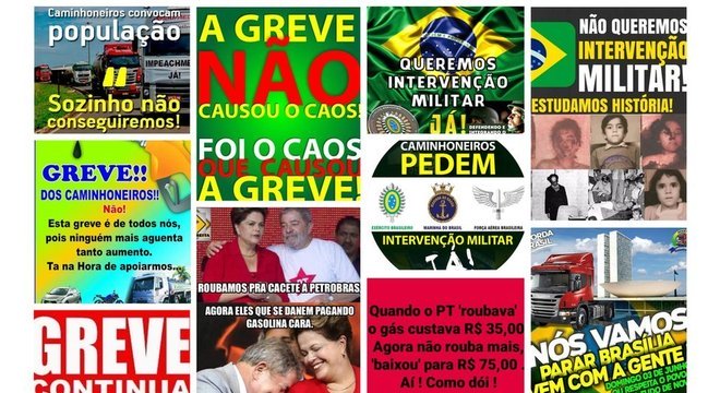 Algumas das imagens que mais circularam em grupos de WhatsApp sobre a greve de caminhoneiros