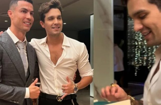 Aliás, na festança, Luan Santana foi presenteado por Cristiano Ronaldo com um relógio da marca de luxo Rolex, avaliado em R$ 430 mil. Luan Santana registrou o momento em su - Foto: Reprodução as redes sociais