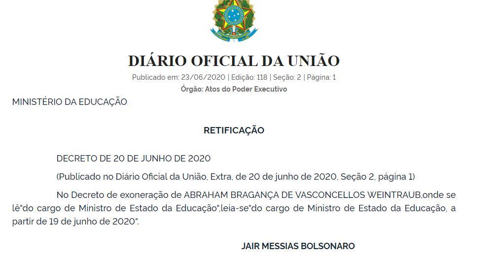 Decreto assinado pelo presidente com alteração da data