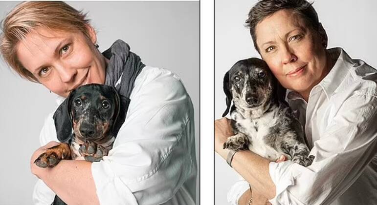 Amanda com seu dachshund Benny, que ela diz tê-la ajudado muito em sua batalha contra o câncer de mama nos últimos anos. À esquerda, em 2008, e à direita, em 2022