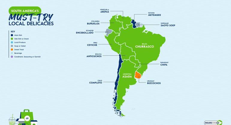 Mapa das comidas mais postadas no TikTok na América do Sul
