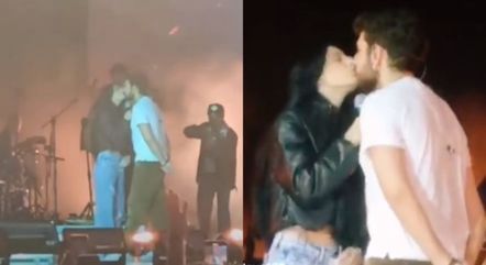 Ana Castela e Gustavo Mioto se beijam durante show