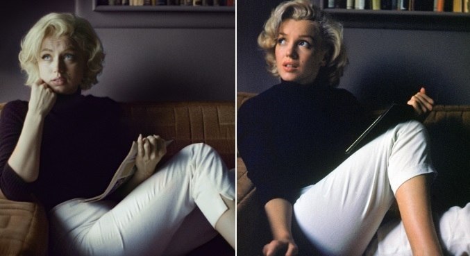 À esquerda, Ana de Armas caracterizada como Marilyn Monroe
