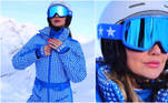 A modelo também usou um conjunto de macacão e jaqueta puffer estampados, nas cores azul e branco. 'Ski Day. Dia de aquecer as perninhas (o look eu garanto, já o ski… Vocês tirem suas conclusões, aí) Aprovada?', perguntou ela ao compartilhar um vídeo em que aparece esquiando