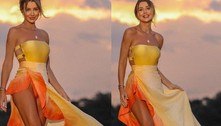 Ana Paula Siebert arrasa ao usar body recortado e saia com superfenda das cores do pôr do sol