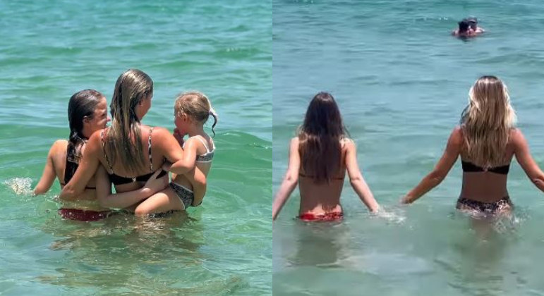 Ana também compartilhou com os seguidores no Instagram uma imagem em que ela, Rafa e Vicky posam juntas de biquíni dentro do mar. A adolescente usou peças vermelhas, enquanto Ana e Vicky estavam com modelos das cores preto e branco