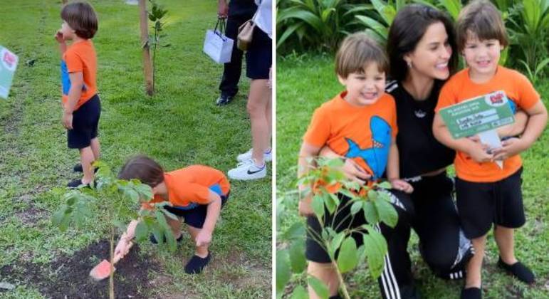 Gabriel, de 3 anos, e Samuel, de 2, plantaram cada uma sua primeira árvore