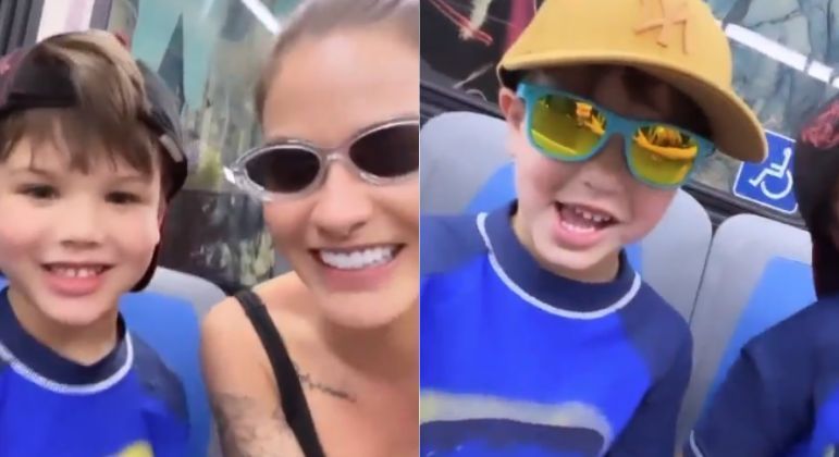 Andressa Suita pega ônibus com os filhos