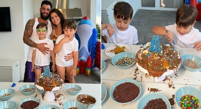 Andressa Suita e Gusttavo Lima cozinharam com os filhos no aniversário de Samuel
