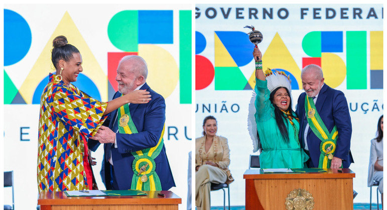 Anielle Franco (Igualdade Racial) e Sônia Guajajara (Povos Indígenas) foram nomeadas por Lula em evento, no Palácio do Planalto