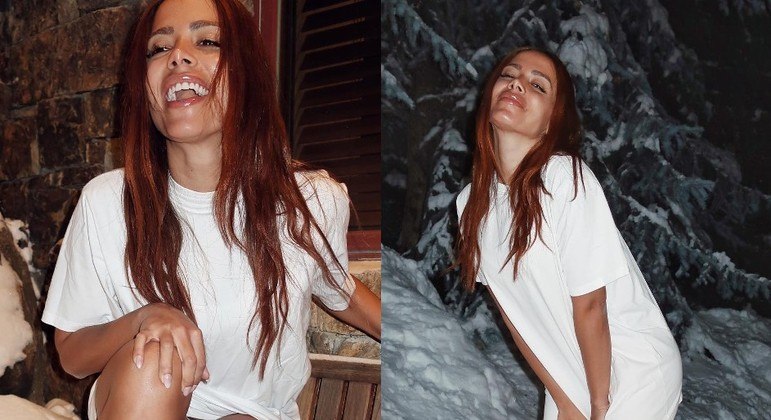 Anitta posou para fotos na neve usando apenas camiseta e um par de botas