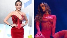 Vestido com decote vazado e collant arrastão: Anitta arrasa com looks vermelhos no VMA