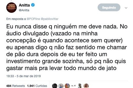 Anitta tratou de se manifestar pelo Twitter