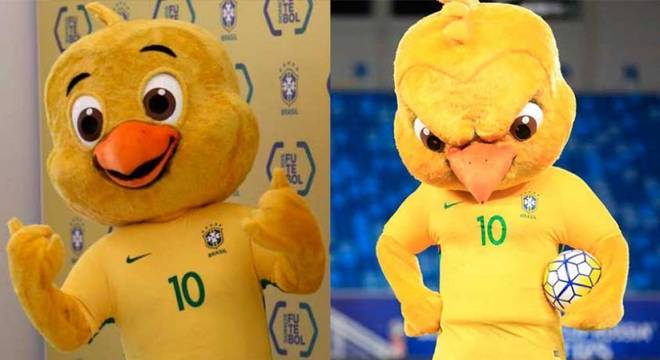 Antes e depois: certamente a renovação de maior sucesso nos mascotes foi feita pela CBF. A nova versão, apelidada popularmente de 'Canarinho Pistola', fez sucesso na Copa do Mundo de 2018