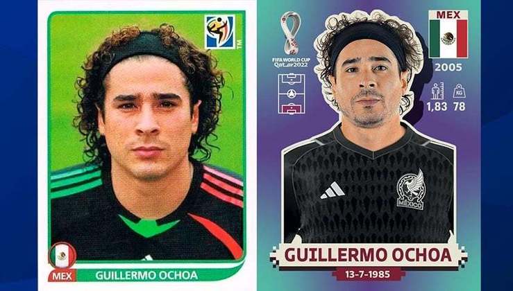 Antes e depois: Guillermo Ochoa em 2010 / Guillermo Ochoa em 2022. Obs: ele também esteve na Copa do Mundo 2006, mas não estava no álbum.